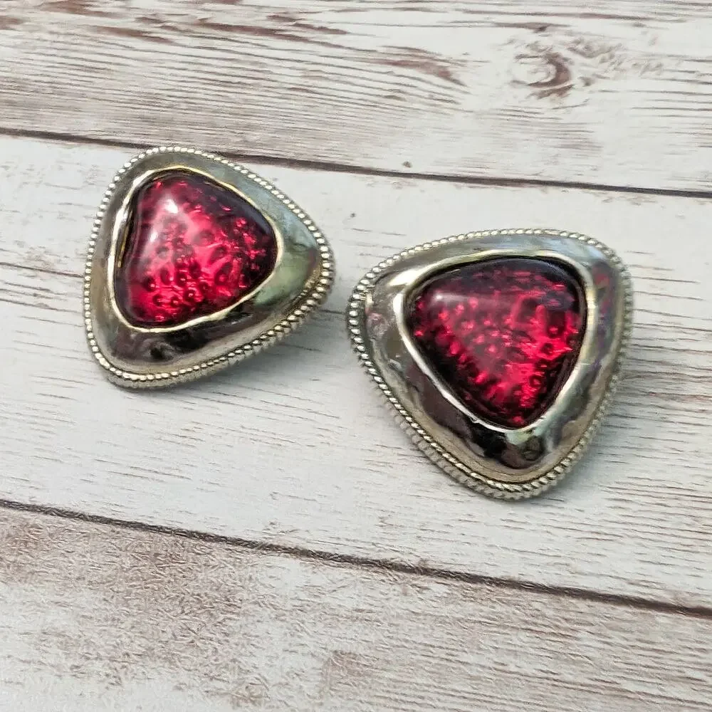 Vintage Clip On Earrings Statement Large Red & Gold Tone Triangular